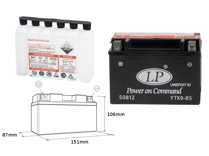 LANDPORT akumulátor YTX9-BS (MA LTX9-BS) 12V 8AH 152X88X106 bezúdržbový - elektrolyt zvlášť (6) UE48